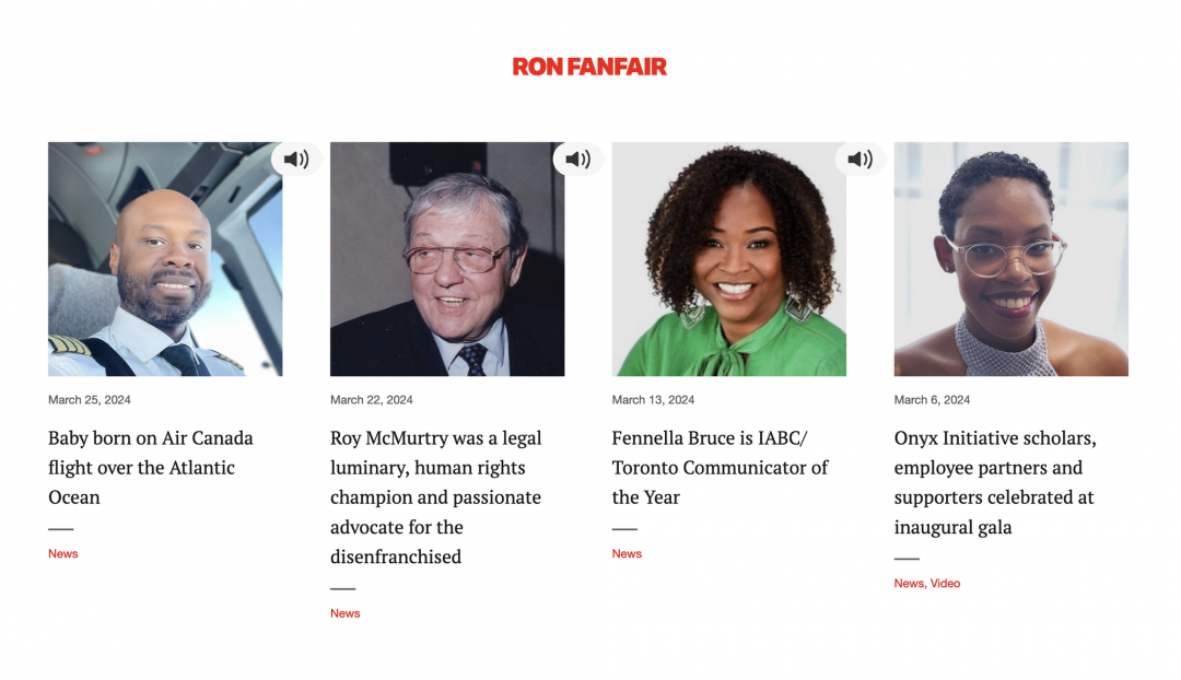 A screenshot of the website, RonFanfair.com, with the logo at the top and four featured stories.